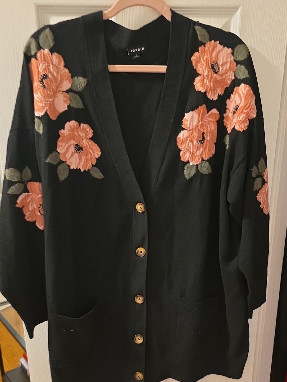 torrid Black Cardigan with Peach Floral Embroidery